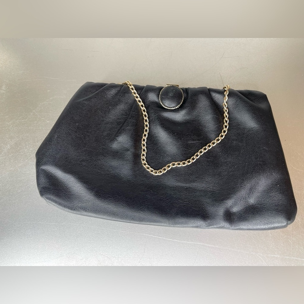 Vintage Purse Black FAUX LEATHER EVENING BAG HANDBAG CLUTCH CHAIN STRAP Clasp